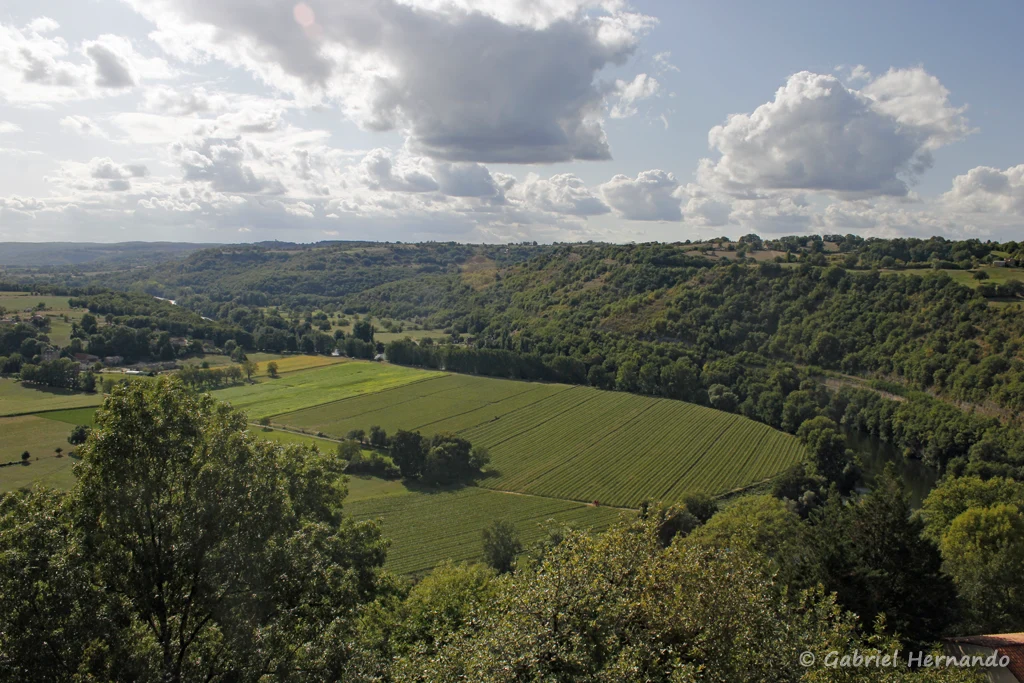 Panorama sur le méandre du Lot et la plaine alluviale, depuis la terrasse de l'Oltis