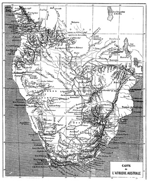 Carte de l'Afrique australe, extraite du récit : David et Charles Livingstone - 1866 - Exploration du Zambèze et de ses affluents et découverte des lacs Chiroua et Nyassa