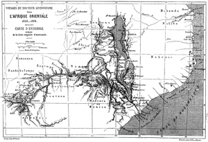 Carte de l’Afrique orientale, extraite du récit : David et Charles Livingstone - 1866 - Exploration du Zambèze et de ses affluents et découverte des lacs Chiroua et Nyassa.