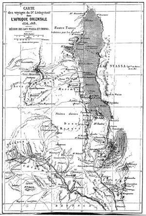 Carte de l'Afrique orientale, Région des Lacs Nyassa et Chirwa, extraite du récit : David et Charles Livingstone - 1866 - Exploration du Zambèze et de ses affluents et découverte des lacs Chiroua et Nyassa.