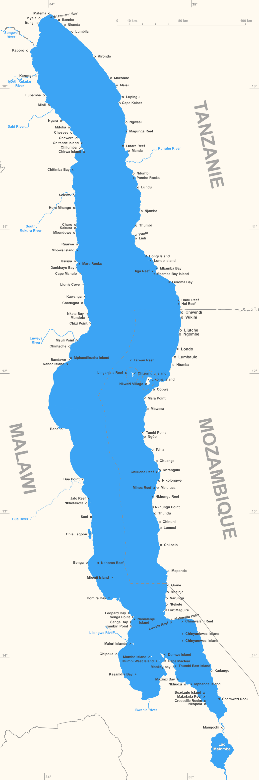 Carte du lac Malawi et ses principales localités et sites