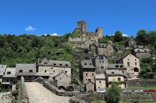 Panorama sur le vieux pont, le village médiéval et le château
