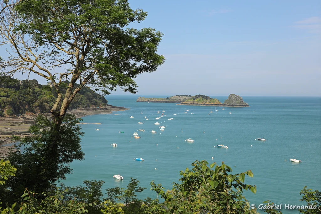 La côte, avec le rocher de Cancale, l'île des mouettes et l'île des Rimains, depuis le chemin du littoral