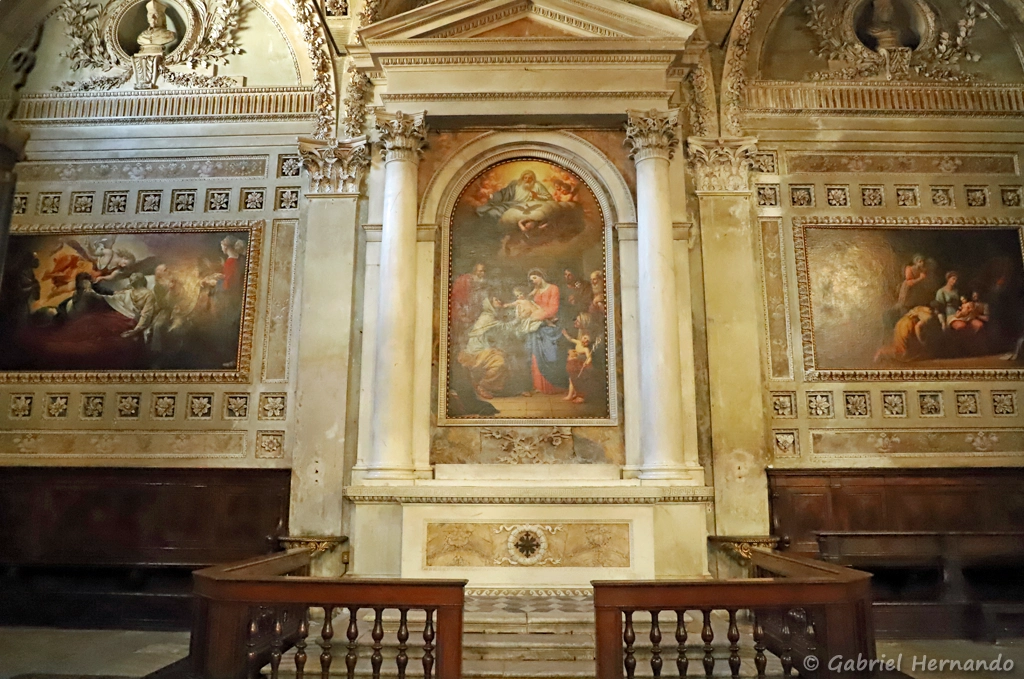Au centre, Sainte Anne adorant l'Enfant (Stefano Tofanelli) avec, à gauche, Transito di Santa Anna, (Bernardino Nocchi) et, à droite, Natività di Maria (Francesco Antonio Cecchi) dans la basilique di San Frediano