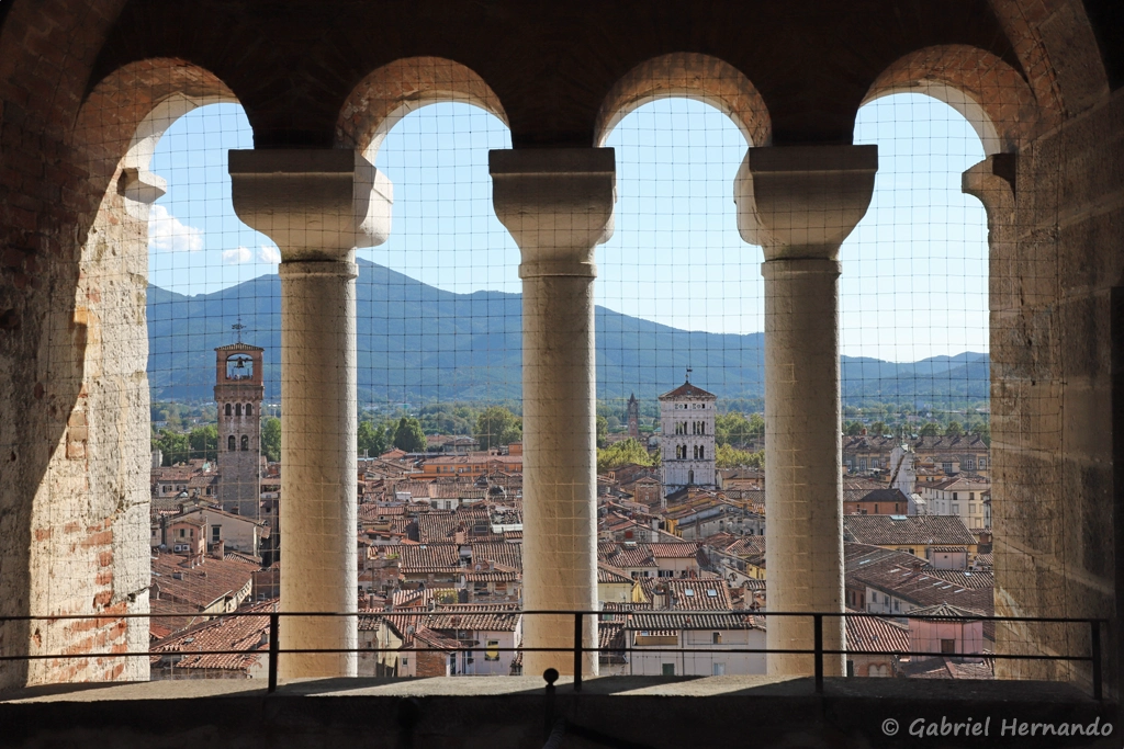 Vue en cours d'ascension du campanile de la basilique di San Frediano, avec la Torre delle Ore et le campanile de l'église San Michele in Foro
